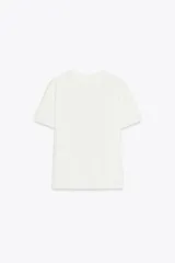 Camiseta marrón de algodón de manga corta y cuello redondo. Presenta un bolsillo en el pecho con un broche metálico dorado con diseño intrincado.