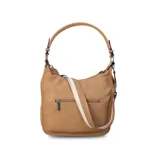 Bandolera negra de cuero sintético con asa de hombro y correa regulable. Cuenta con un bolsillo frontal con cierre y un bolsillo dorsal con cierre.