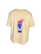 Remera blanca de algodón con cuello redondo y manga corta. Estampado pequeño en el pecho con una carita sonriente y la palabra 'Tuya'.