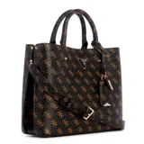 Cartera tote mediana Guess modelo Meridian, color marrón con estampado del logo de la marca en tono dorado. Tiene doble asa de mano, correa bandolera ajustable y extraíble, cierre superior y herrajes dorados. Incluye llavero colgante con logo triangular.
