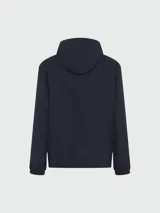 Campera azul marino con capucha y cierre frontal, con dos líneas blancas en las mangas y logo de la marca en el brazo izquierdo.