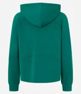 Campera deportiva verde esmeralda de modal, con capucha ajustable con cordón, cierre frontal con cremallera, bolsillos laterales y corte entallado.