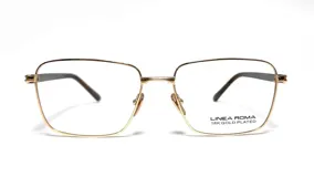 Armazón para lentes recetados Linea Roma modelo 113 col 1, con marco rectangular de metal dorado y patillas delgadas de acetato color carey. Diseño unisex con plaquetas ajustables y detalles grabados en los terminales.