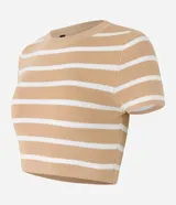 Blusa cropped de viscosa con rayas horizontales color beige y blanco, cuello redondo y mangas cortas.