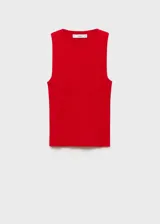 Top blanco de tejido de punto fino, sin mangas, cuello redondo y diseño entallado.