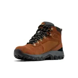 Bota de trekking Columbia Newton Ridge II, color marrón con detalles en negro y rojo. Fabricada en cuero y material sintético impermeable, con suela de goma Omni-Grip para mayor tracción.