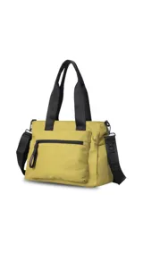 Bandolera morral color tostado con asas de mano y correa de hombro ajustables en color negro. Cuenta con un compartimento principal con cierre, un bolsillo frontal con cierre y tirador con la marca "LINCOLN'S", un bolsillo trasero con cierre y bolsillos laterales abiertos.