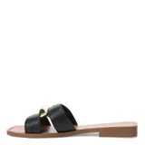 Sandalias Bottero tipo slide de cuero negro, con base plana color marrón y detalle metálico dorado en la tira superior.