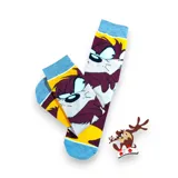 Medias de caña media con diseño del Demonio de Tasmania, con puño, talón y puntera en color celeste, cuerpo en amarillo y diseño del personaje en marrón y blanco.