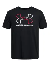 Remera deportiva Under Armour color naranja con logo estampado en el frente en tonos amarillo y rojo.