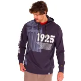 Buzo hoodie Caterpillar azul marino con capucha ajustable con cordones bicolor, bolsillo tipo canguro, puños y dobladillo acanalados. Estampado frontal con el año 1925 y texto alusivo a la historia de la marca. Logo de Caterpillar estampado en la manga izquierda.