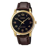 Reloj Casio con caja dorada, esfera negra y correa de cuero marrón con textura.