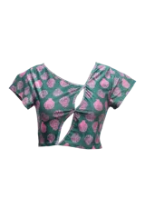 Top corto de lycra eco friendly color verde con estampado de conchas rosas, escote asimétrico y abertura en el centro.