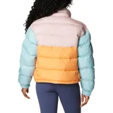 Campera puffer cropped Columbia Pike Lake II, color celeste, rosa y naranja. Cuenta con tecnología térmica reflectante Omni-Heat™, aislamiento de poliéster 100 % reciclado, puños con forro de jersey, protector de mentón, cremallera central delantera de doble dirección, bolsillo interior de seguridad, bolsillos laterales con cremallera, puños elásticos, dobladillo ajustable con ceñidor y tratamiento duradero repelente al agua sin PFC.