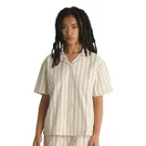 Camisa de manga corta con estampado a rayas verticales y diseño de tablero de ajedrez en color beige y blanco.