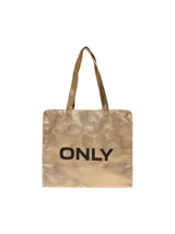 Bolso shopper dorado con estampado de círculos concéntricos y logo "ONLY" en negro.