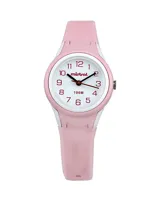 Reloj Mistral deportivo con correa de silicona rosa, cuadrante blanco con números rojos y agujas negras. Resistente al agua hasta 100 metros.