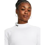 Remera deportiva blanca de manga larga con cuello alto y logo de Under Armour en el cuello.