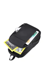 Mochila negra con bolsillos frontales verticales y laterales de rejilla. Tiene compartimento para notebook y faja trasera para sujetarla a la valija.