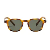 Gafas de sol unisex con montura cuadrada color carey y lentes grises con filtro UV 400. Fabricadas con plástico reciclado. Incluye estuche.