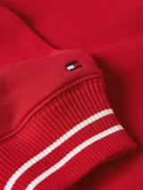 Buzo rojo de algodón con cuello redondo y mangas largas. Presenta un estampado gráfico en el pecho con las letras "TH" en azul marino con estrellas blancas y blanco con rayas rojas, junto con la leyenda "All American Classics New York City". Los puños y el bajo son acanalados con rayas blancas en contraste.