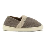 Pantufla unisex de tela en tonos azul y beige, con diseño cómodo y suela blanda.