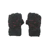 Par de guantes negros con detalles en rojo, sin dedos y con muñequera ajustable con velcro.