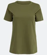 Blusa básica de algodón color tostado, de manga corta con dobladillo y nudo frontal.