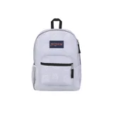 Mochila Jansport Cross Town unisex con estampado de símbolos de la paz en tonos grises. Cuenta con un compartimento principal con funda interna para portátil, bolsillo frontal con organizador, tirantes rectos y panel trasero acolchado, funda lateral de malla para botella de agua y asa de transporte.