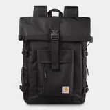 Mochila Carhartt WIP modelo Philis, color marrón claro con detalles en negro. Cuenta con cierre superior enrollable con hebilla, múltiples bolsillos y correas ajustables.