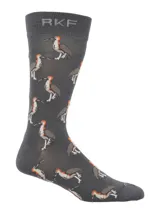 Calcetines grises con diseño de aves de cuello naranja y cuerpo gris. Tienen el logo RKF en la parte superior.