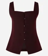 Blusa chaleco color borgoña con breteles anchos, escote cuadrado y abotonadura frontal. Confeccionada en cupro.