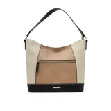 Bolso tipo hobo de cuero sintético color beige con paneles laterales en color crema y base en color negro. Tiene un bolsillo frontal con cierre y correa de hombro en color negro.