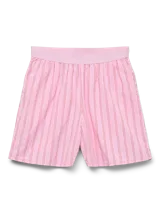 Short de tiro alto con cintura elástica, color rosa con rayas verticales rojas.
