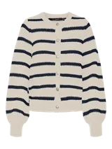 Cárdigan tejido a rayas horizontales color crudo y azul marino, con cuello redondo, manga larga abullonada y cierre frontal con botones dorados.