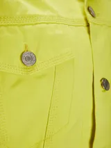 Chaqueta color lima de corte recto con cuello clásico, cierre frontal con botones metálicos, bolsillos con solapa en el pecho y bolsillos laterales.