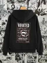 Canguro negro con capucha y bolsillo frontal, con estampado del logo de Mugiwara de One Piece en el pecho.