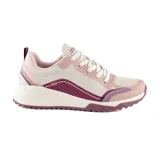 Championes urbanos Skechers Bobs Squad 3 para mujer, color beige con detalles en rosa y violeta.