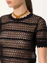 Top de encaje negro con cuello redondo y mangas cortas con volados.