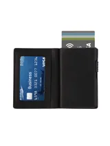 Billetera marrón de cuero sintético con capacidad para 7 a 9 tarjetas. Cuenta con sistema de acceso rápido emergente y bloqueo RFID y NFC.