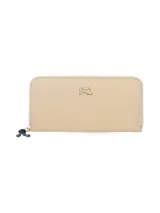 Billetera tipo fichero color beige, con múltiples compartimentos para billetes, tarjetas y monedas. Cierre metálico con tirador textil y logo de marca metálico. Cuenta con protección RFID anti-clonación.