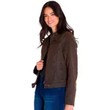 Chaqueta marrón de corte entallado, con cuello mao y cierre frontal con cremallera. Cuenta con bolsillos laterales con cremallera, puños con cremallera y etiqueta de cuero sintético con el logo de Caterpillar en el pecho.