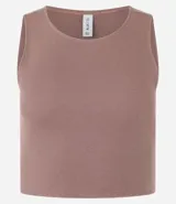 Top cropped sin mangas, color marrón oscuro, de corte ajustado al cuerpo y cuello redondo. Presenta textura acanalada.