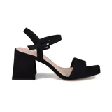 Sandalias de tacón alto Marco Donatti, color negro, con tira ancha sobre los dedos, pulsera con hebilla al tobillo y tacón cuadrado.