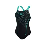 Malla enteriza de natación Speedo Medley Medalist, color negro con detalles geométricos y logo en verde agua.