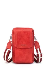 Bandolera porta celular color suela, con bolsillo frontal con tapa y cierre perimetral. Incluye correa de galón regulable y desmontable, bolsillos interiores para documentos, reparticiones para tarjetas y billetes.