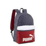 Mochila colorblock de Puma, con compartimento principal en gris, parte inferior bordó y frontal blanco.
