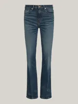 Pantalón de jean azul de corte bootcut, talle medio, con efecto desteñido y cinco bolsillos.