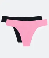 Kit de dos bombachas tipo bikini hilo, una negra y otra rosada, confeccionadas en microfibra con corte láser.