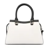 Cartera Guess modelo Wrenley, de tamaño mediano, color blanco con detalles en negro y herrajes dorados. Tiene doble asa de mano, correa bandolera desmontable y cierre superior.